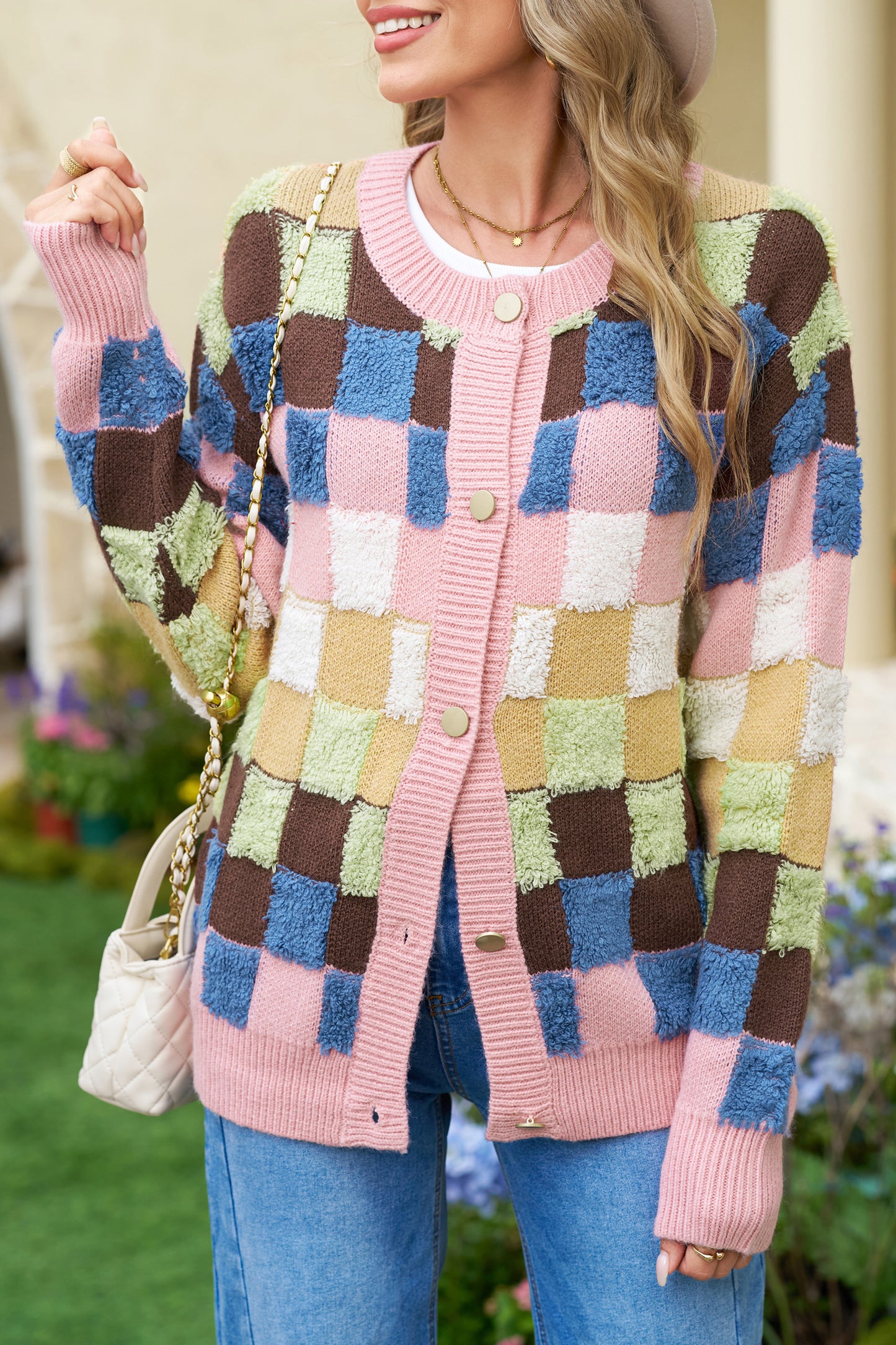 Multicolour Checkered Pattern Button Front Knit Cardigan