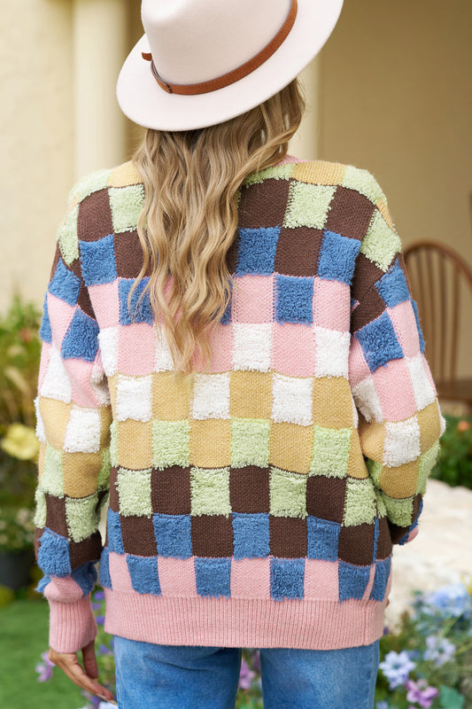 Multicolour Checkered Pattern Button Front Knit Cardigan