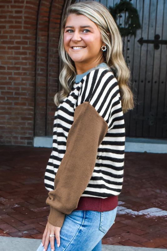 Black Striped Colorblock Patchwork Long Sleeve Sweater